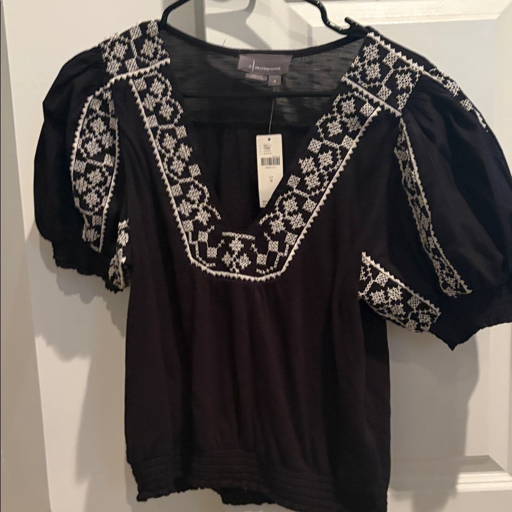 Anthropologie Black Blouse with White Embroidery